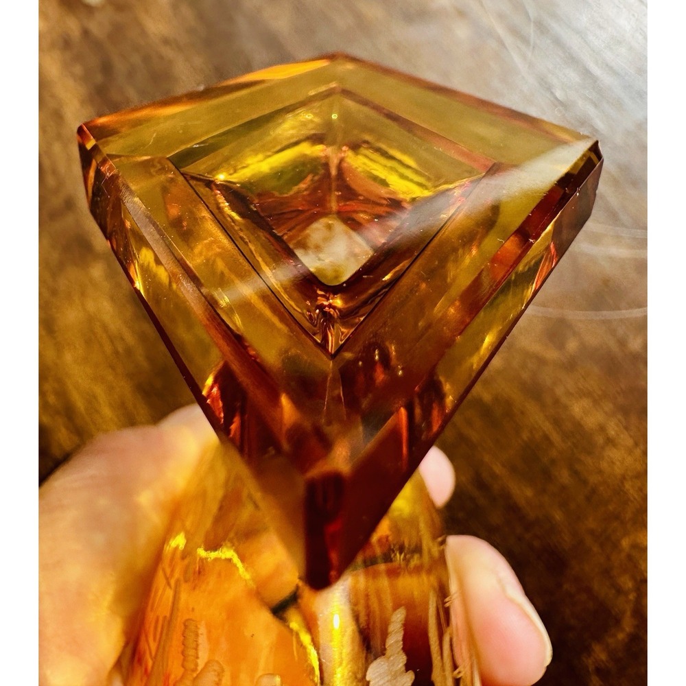 Antique Bohemian Amber Cut Clear Crystal Pedestal Salt Cellar Bowl Etched Art - Picture 8 of 12